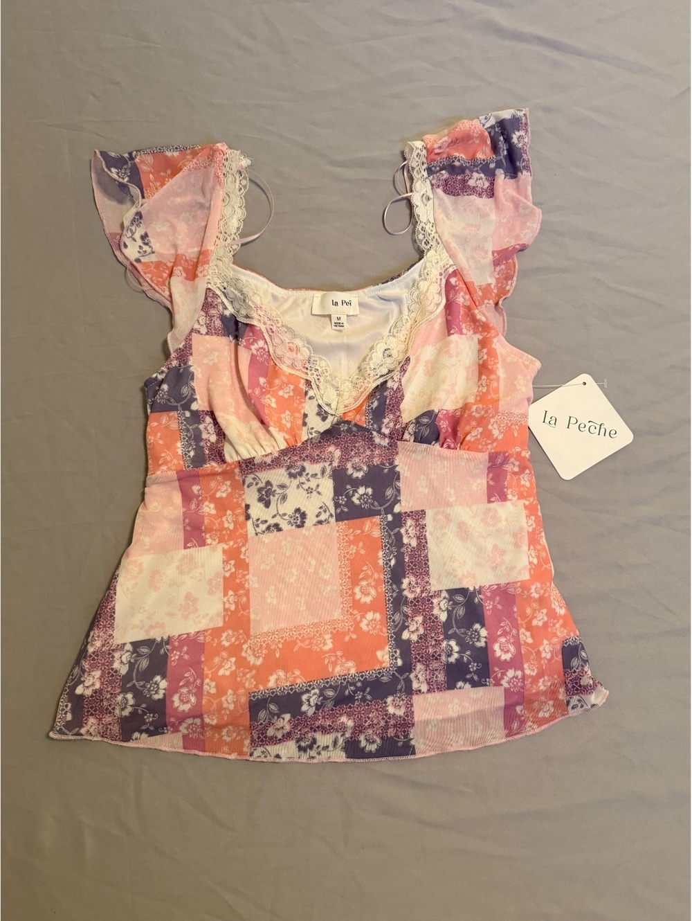 La Peche Women's Medium Patchwork Floral Lace Trim Sleeveless Top